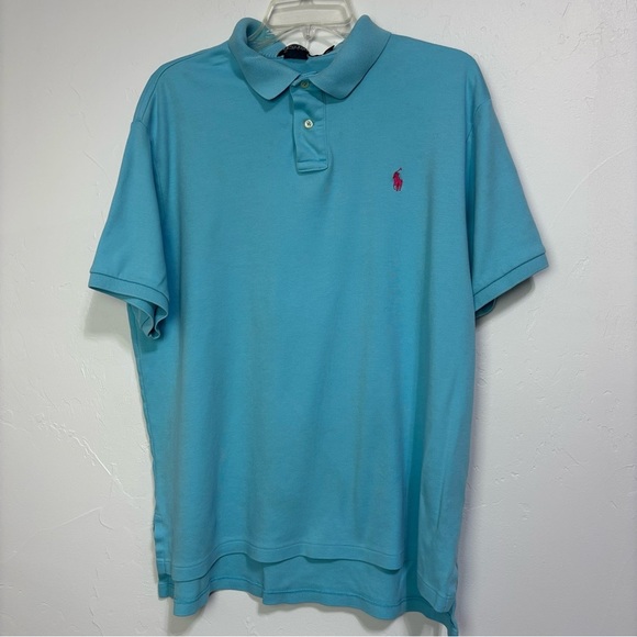 Polo Ralph Lauren VTG Y2K Custom Fit Short Sleeve Shirt Men's XL Blue Pink Pony - Picture 1 of 7